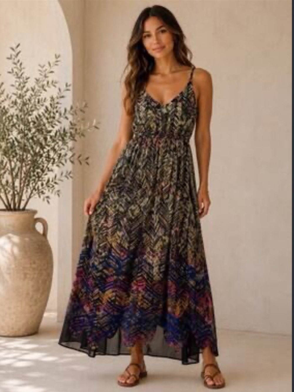 Charlie Jade Abstract Chevron Navy Boho Side Slit Tie Back Maxi Dress Women’s XS